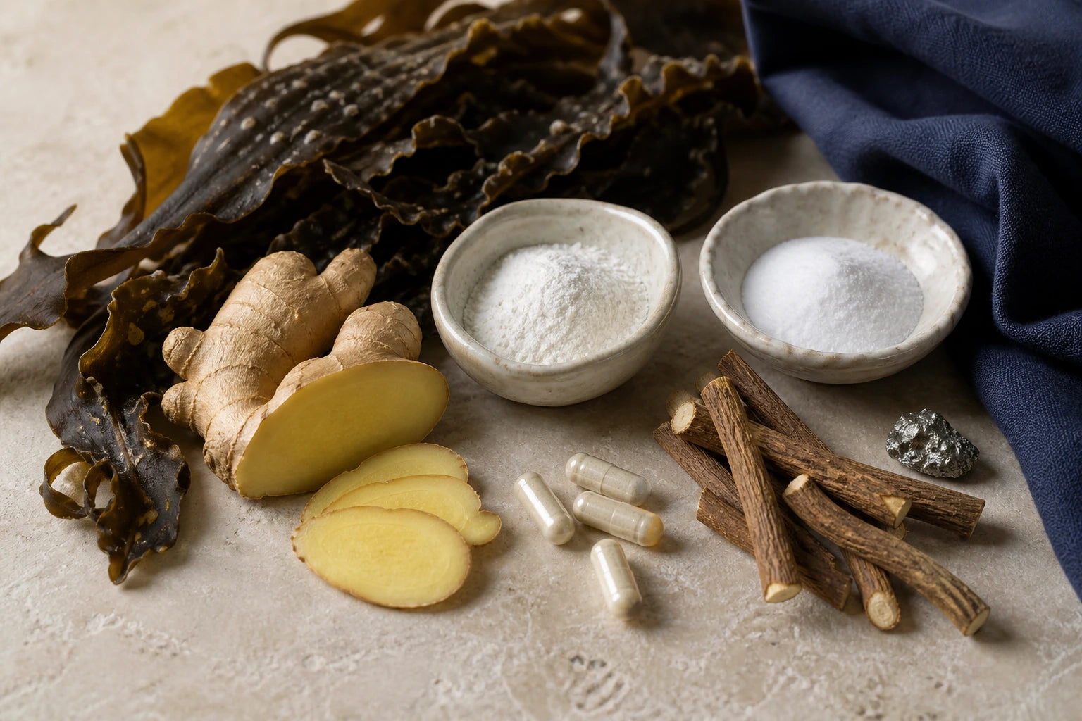 Seaweed, ginger, licorice, minerals and capsules
