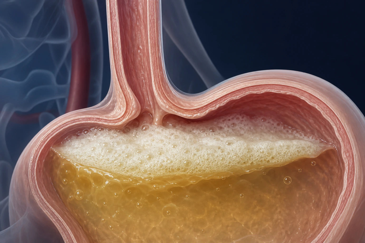 Alginate raft floating above stomach contents beneath the esophagus